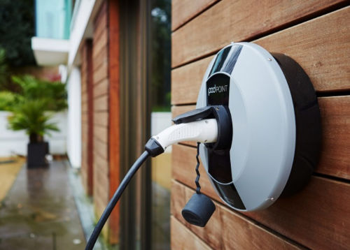 A photo of a Pod Point wall-mounted EV charger